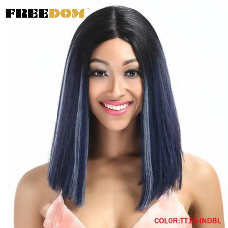 FREEDOM Synthetic Lace Wig Short Bob Straight Middle Part Lace Wigs Blue White Pink Purple Ombre Color Cosplay Wigs For Wome