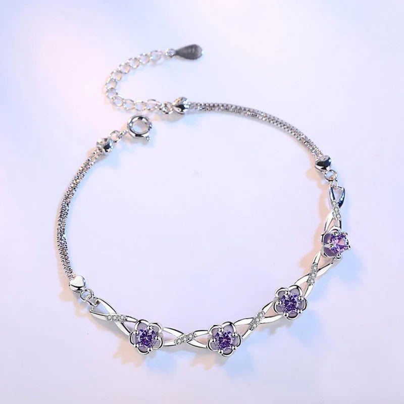 Luxury 925 Sterling Silver Bracelets Purple White Zirconia Plum Flower Bracelets & Bangles For Women pulseira de Prata S-B51