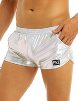 Mens Holographic Shiny Metallic Boxer Briefs Casual Loose Lounge Shorts Underwear Fashion Swim Trunks Bikini Swimwear