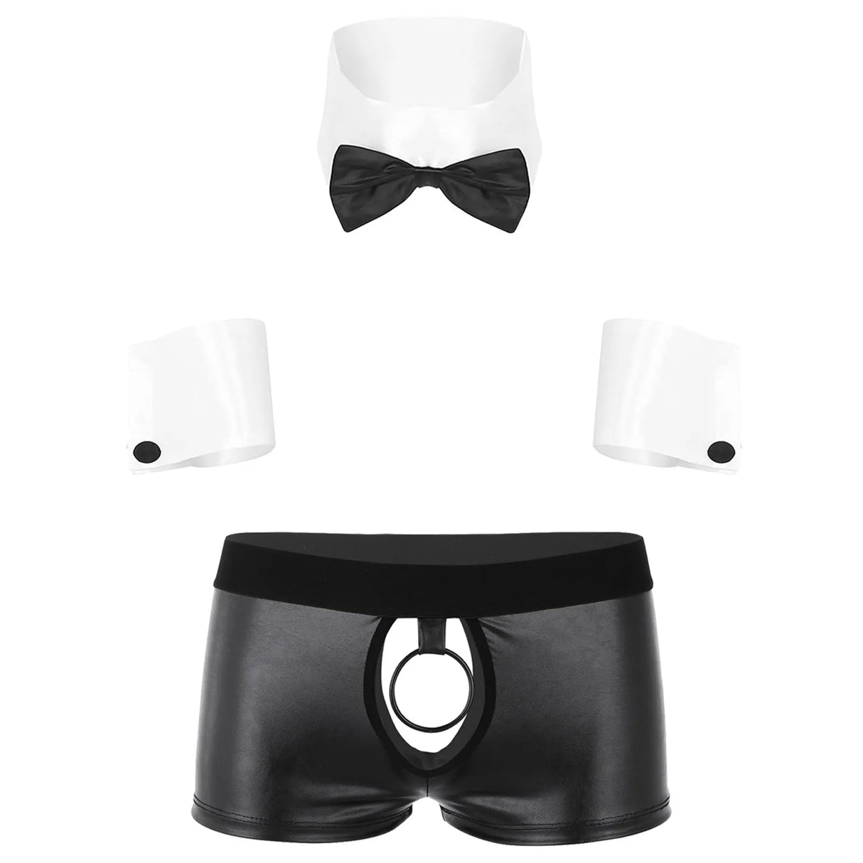 Mens Waiter Tuxedo Lingerie Sexy Cosplay Costume Role Play Uniform See Through Briefs Underwear with Bunny Ears Headband Collar