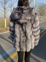 Hooded Silver Fox Fur Coat for Women, Plus Size, Long Sleeves, Winter, Luxury, Natural, Real Silver Fox Fur Jacket with Hood