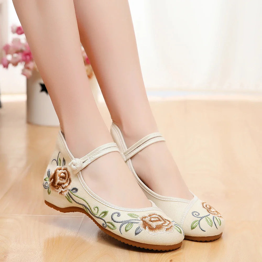 Veowalk Ankle Strap Women Canvas Embroidered Ballet Flats, Chinese Style Ladies Casual Comfort Walking Shoes Cotton Ballerinas