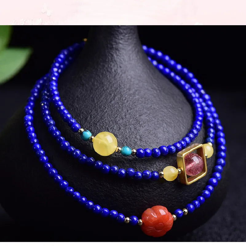 Natural Lapis Lazuli Bracelet With Turquoise Beeswax Strawberry Crystal Southern Red Agate Carved Men&#39;s And Women&#39;s Bracelets