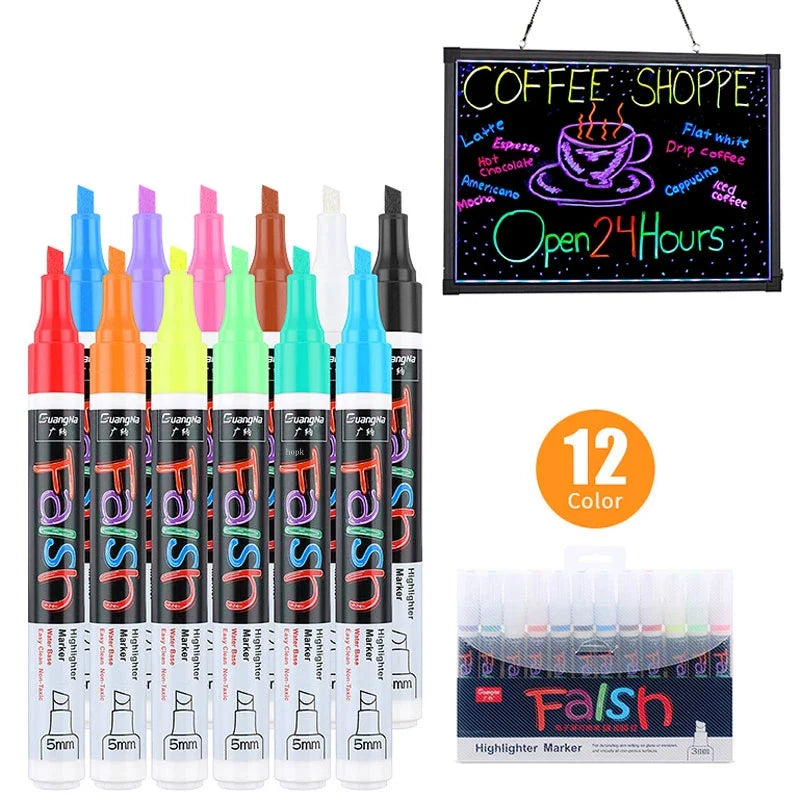 12 Pcs Liquid Chalk Markers Pens Erasable Colors Highlighters LED Writing Board Glass Neon Pen,  Chalkboard Blackboard, Windows