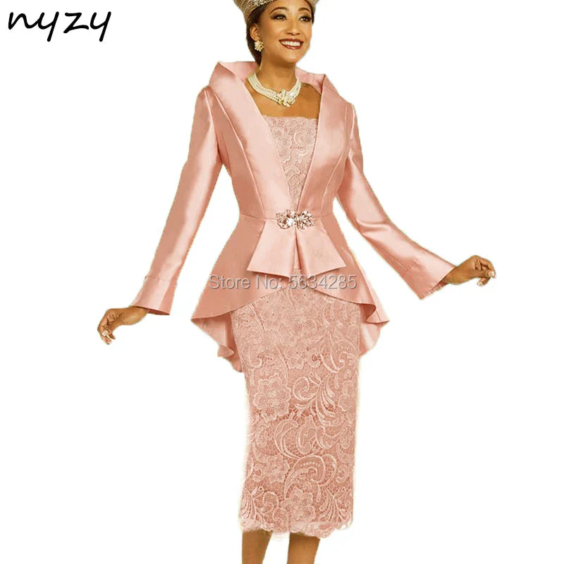 2 Piece Gold Mother of the Bride Groom Lace Dresses with Jacket Coat 2020 NYZY M23B Formal Dress Party Cocktail Church Suits