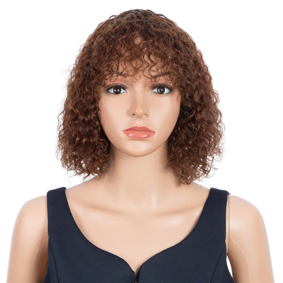 Trueme Curly Human Hair Wigs Colored Brazilian Bob Human Hair Wigs For Women Ombre Black Brown Deep Curly Full Wig With Bangs