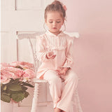 Children Girl's Lolita Pink Pajama Sets.Turndown Collar Tops+Pants.Vintage Toddler Kids Pyjamas set.Royal Style Sleep Loungewear