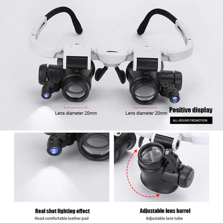 Portable Telescopic Magnifier Glasses Loupes with 2 LED Light 8X/15X/23X Lens Observation Magnifying Eyewear for Reading Jeweler