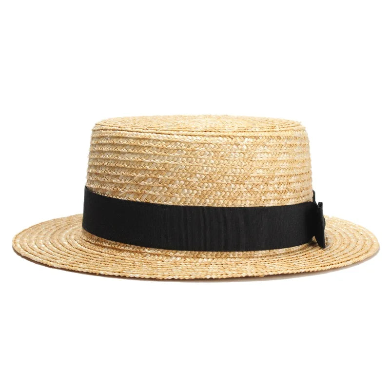 RH Natural Wheat Straw Boater Fedora Top Flat Hat Women Summer Beach Flat Brim Cap With Bowknot Ribbon For Holiday Party