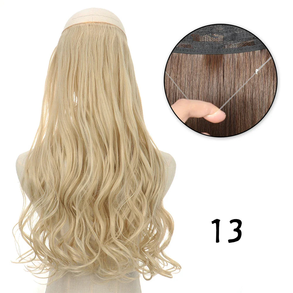 Hair Extensions No Clips Synthetic Fake Hair Ombre Pink Blonde Brown Black Natural Wavy Curly False Hair Piece For Woman