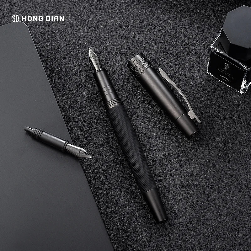 LT Hongdian 6013 Black Metal Fountain Pen Titanium Black Men's Business EF/F/ Curved Nib Rotating Pen Cap Office Gift Ink Pen