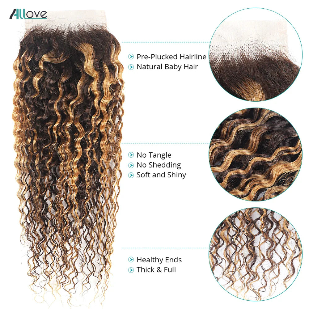 P4/27 Highlight Curly Hair Bundles With Closure 4x4 Transparent Lace Closure With Bundles Brazilian Ombre Honey Blonde Bundles