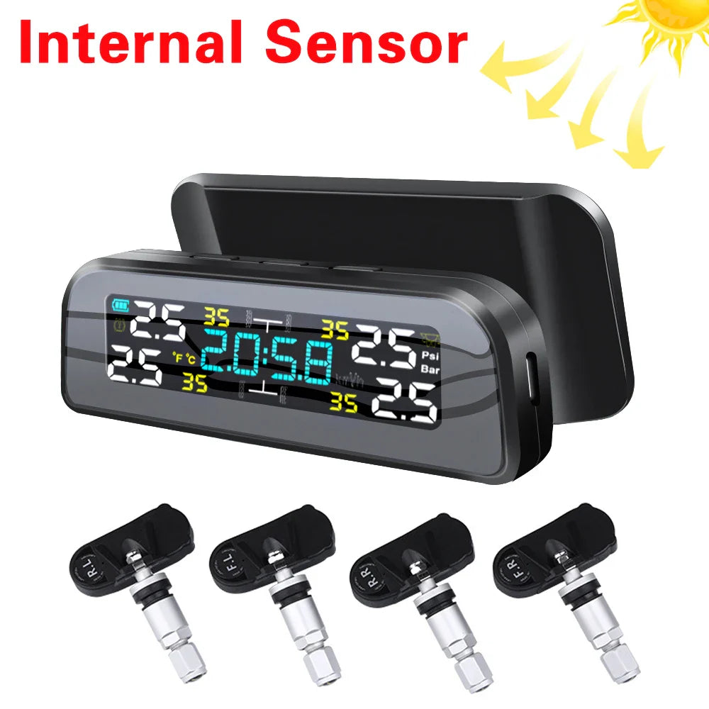 Car TPMS Tire Pressure Alarm Monitor System Temperature Warning 4 Internal Internal Sensors Fuel Display Attached wireless Solar