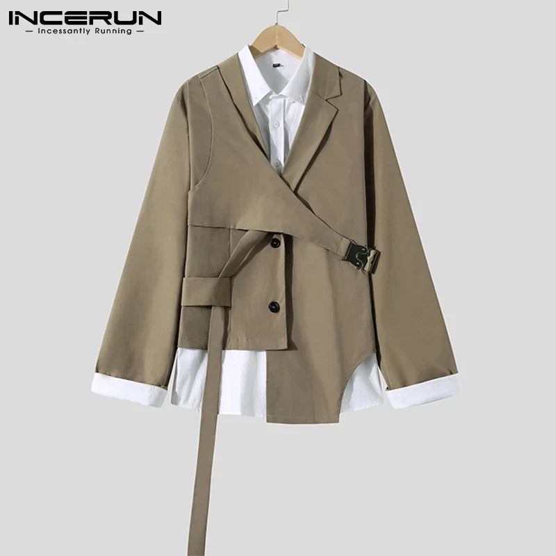 INCERUN Fashion Men Blazer Streetwear Lapel 2023 Long Sleeve Casual Irregular Suits Solid Color Button Thin Coats Men S-5XL