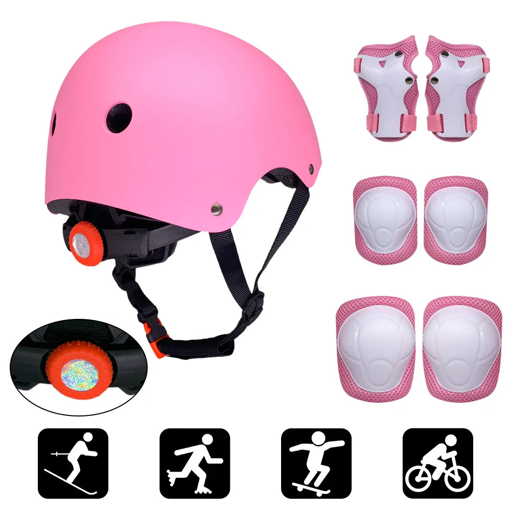 7Pcs Adjustable Pads Wrist Helmet Protector Set Kids Boy Girl Safety Helmet Knee Elbow Pad Set Skate Bicycle Helmet Safety Guard