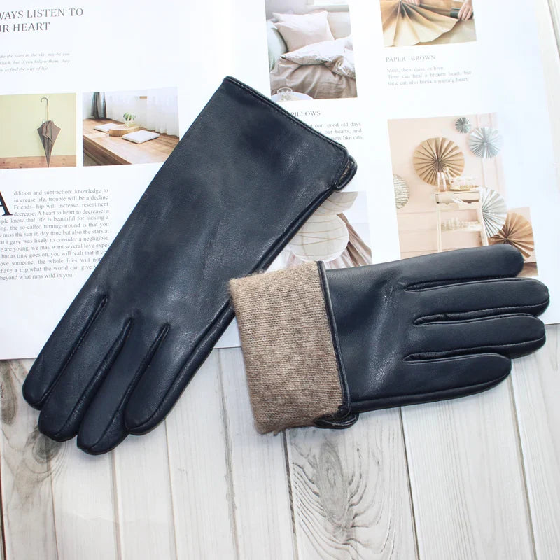 New women's leather color gloves sheepskin classic straight style knitted lining spring driving mittens autumn