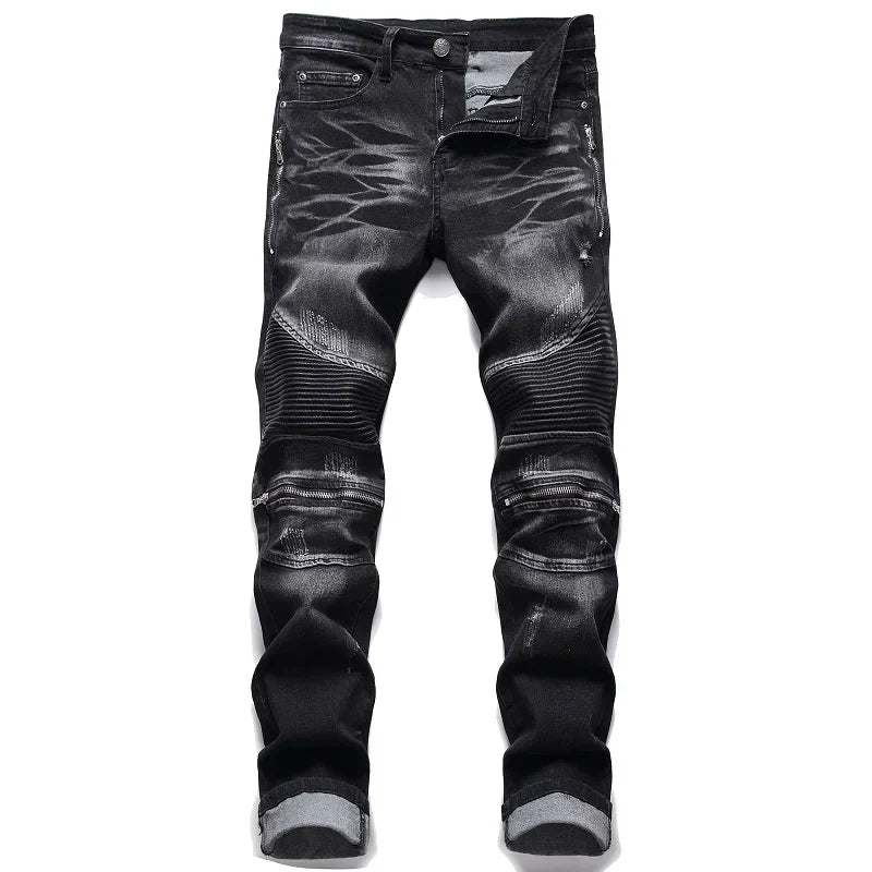 Dropshipping Fashion New Biker Jeans Men's Distressed Stretch Ripped  Hip Hop Slim Fit Holes Punk Denim Cotton Pants