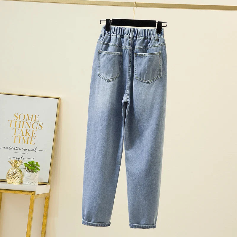 Plus Size Women Jeans 2022 Elastic Waist Loose Denim Pants Ninth Pants Casual Solid Baggy Mom Pants Spring Summer Trousers