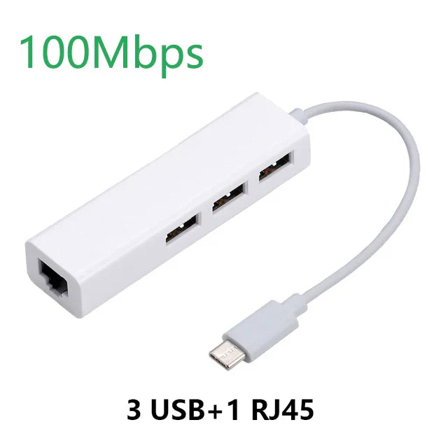 USB Ethernet with 3 Port USB HUB 2.0 RJ45 Lan Network Card USB to Ethernet Adapter for Mac iOS Android PC  RTL8152 USB 2.0 HUB