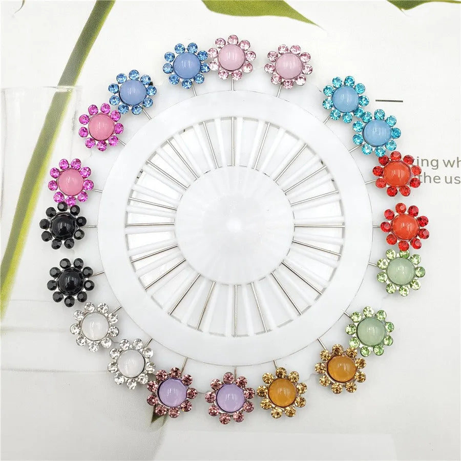 Multicolor Crystal Rhistones Flower Brooch Muslim Islamic Hijab Scarf Abaya Fixed Pins Fashion Jewelry Women's Accessories