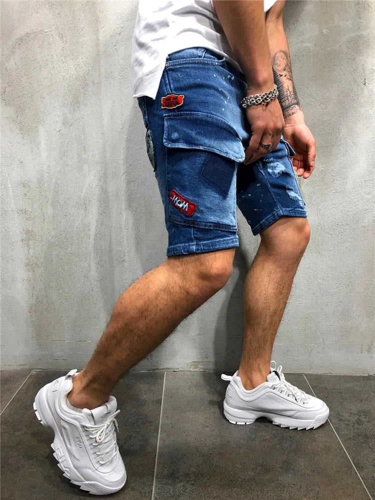 Summer New Men's Stretch Straight Short Jeans Fashion Casual Slim Fit High Quality Elastic Badge Pockets Hole Denim Shorts Male