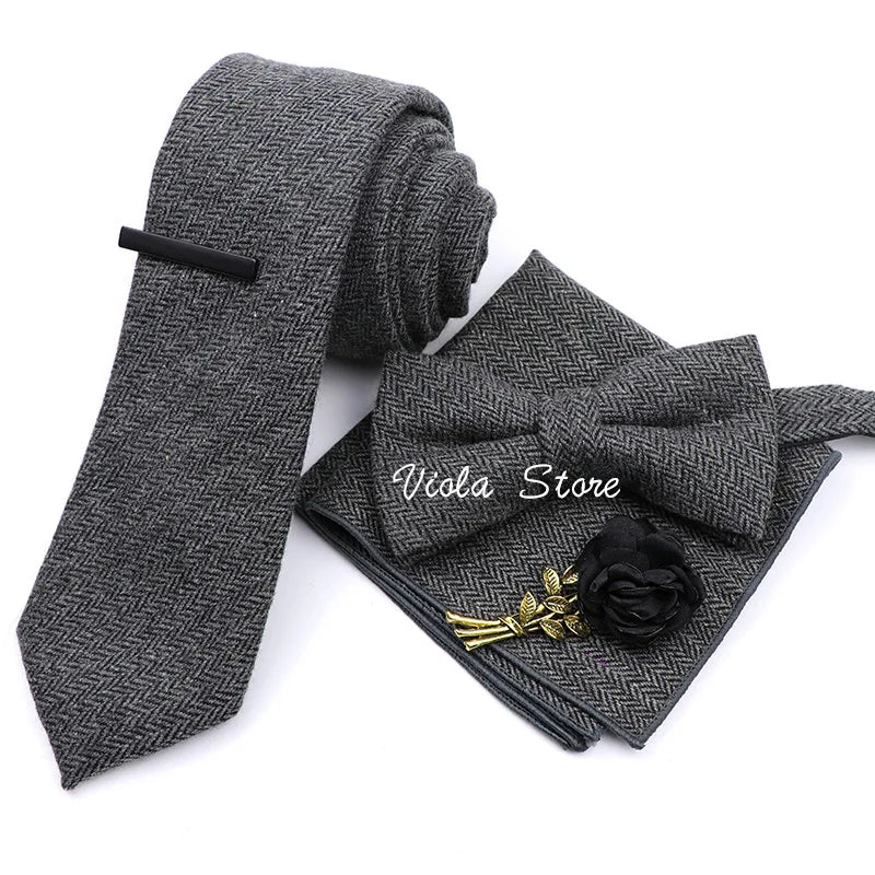 Top 50% Wool Soft 7cm Tie Bowtie Hankie Clip Brooch Sets Dusty Green Solid Classy Men Wedding Suit Daily Cravat Accessory Gift