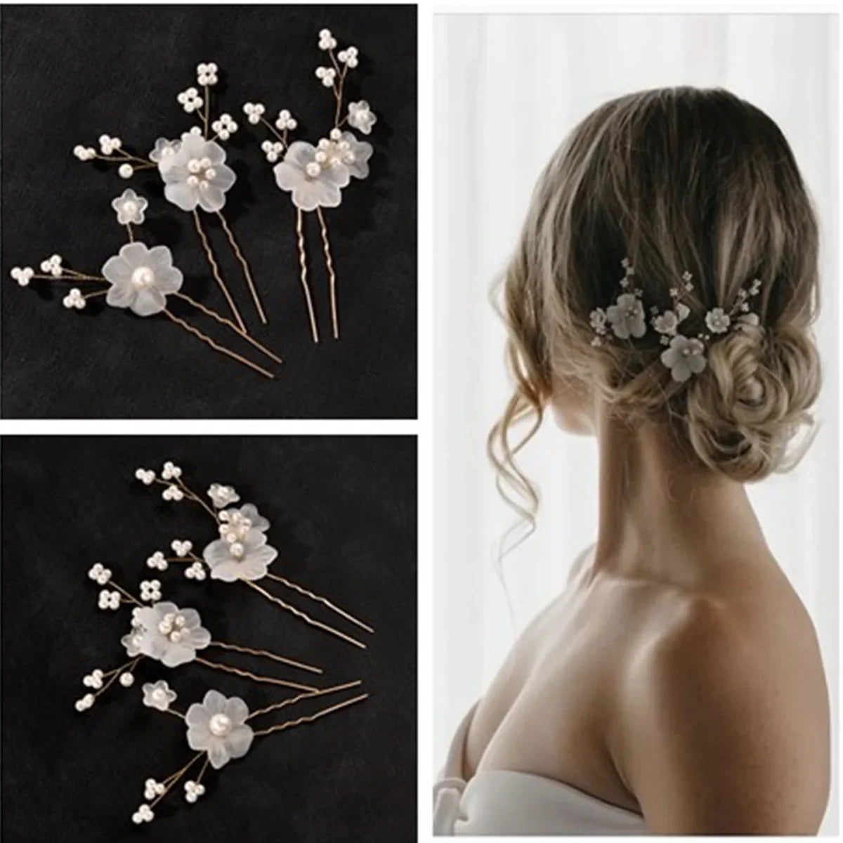 3pcs White Flower U Shaped Hairpin Pearl Elegant Hair Clips Hair Jewelry Accessories For Women Wedding Head Ornaments Hairpins