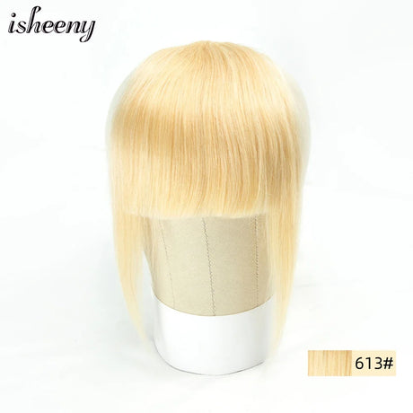 Isheeny Human Hair Bangs 3 Clips In Black Blunt Cut Fringe Hair Piece Natural Black Blonde Bang 8" Clip In Hair Extensions Brown