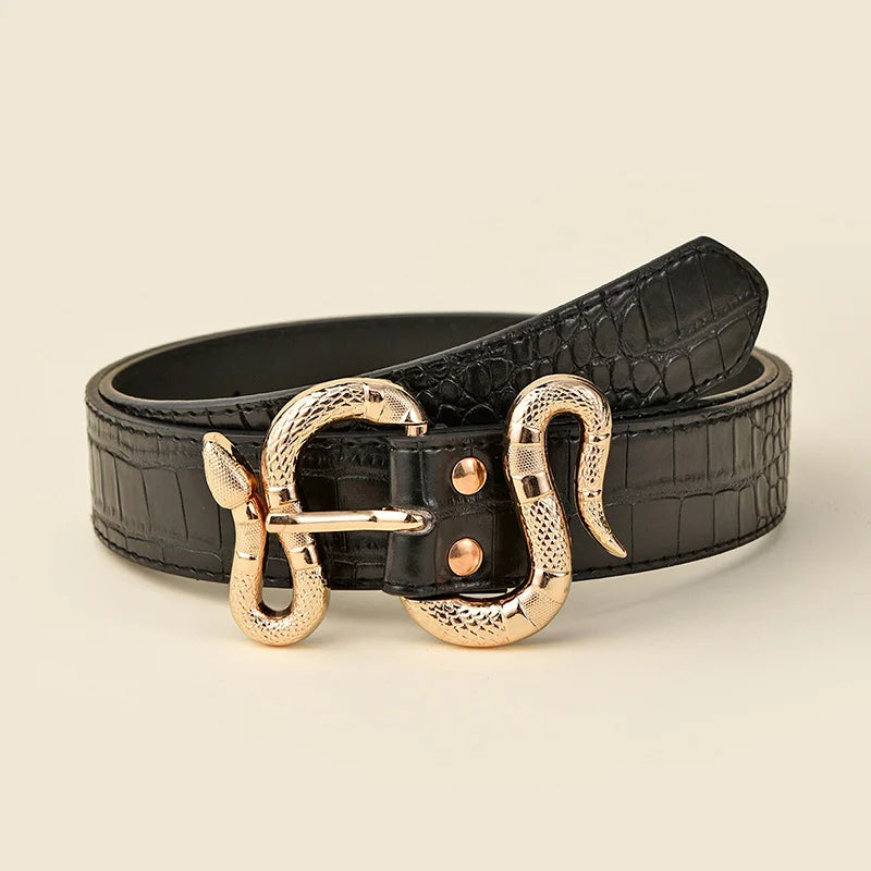 Fashion Women&#39;s PU Imitation Crocodile Leather Belt Metal S Snake-Shaped Buckle Strap All-Match Trend Decoration Jeans Waistband