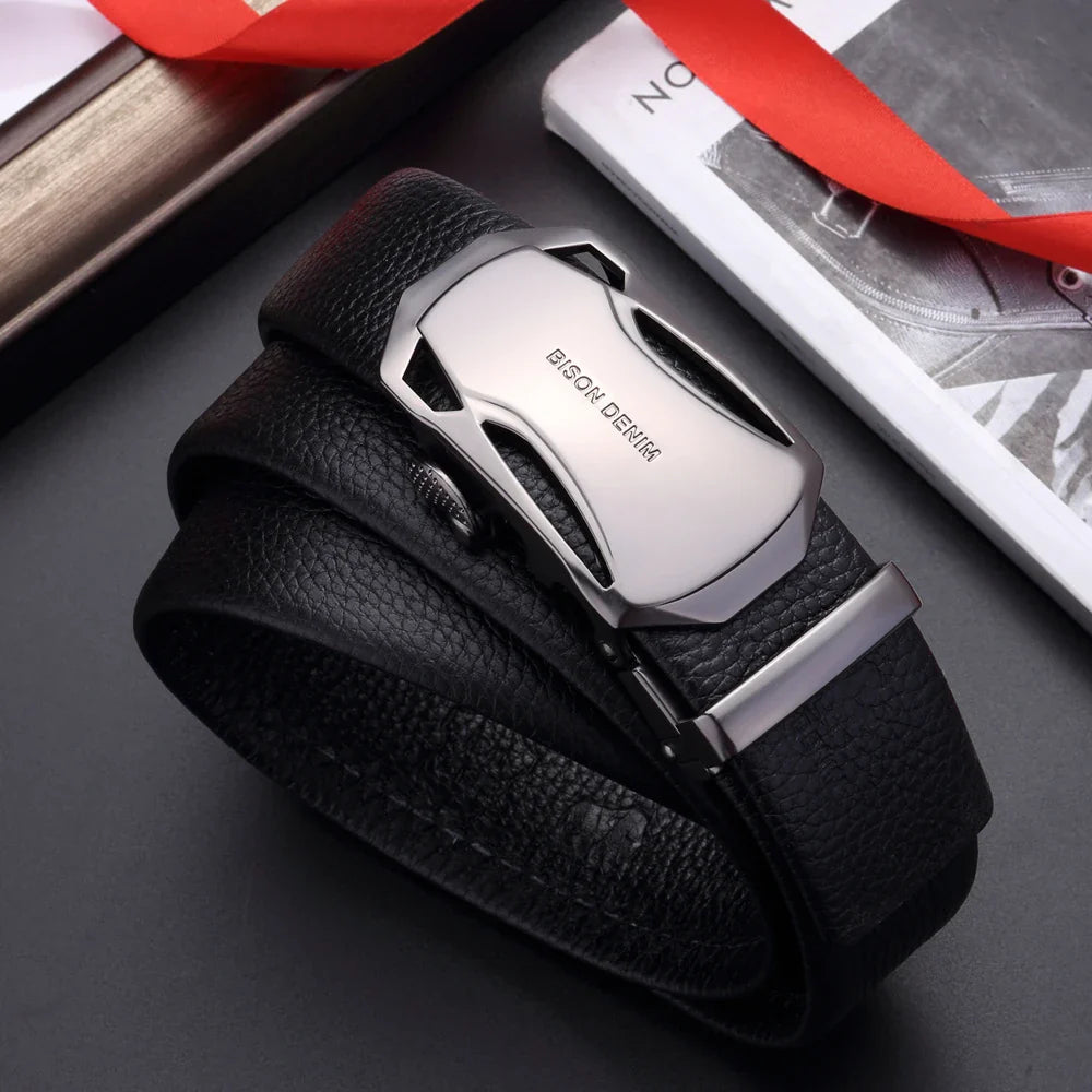 BISON DENIM Men's Belt Cow Leather Belts Brand Fashion Automatic Buckle Black Genuine Leather Belts for Men 3.4cm Width N71314