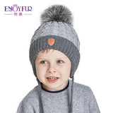 ENJOYFUR Warm Winter Baby Knitted Hats Real Fur Pompom Fleece lined Boy Caps Cute Thick Kids Elastic Earflap Outdoor Ski Beanies