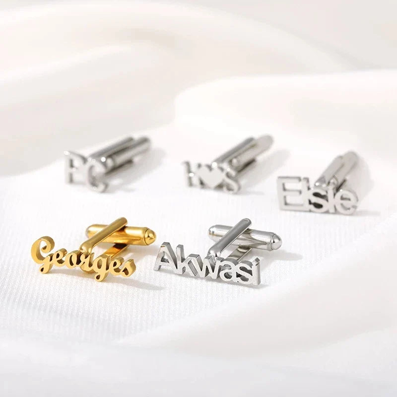 Custom Name Initials Logo Cufflinks Studs Stainless Steel Buttons Engraved Gold Color Tie Clip Men's Wedding Necktie Accessories