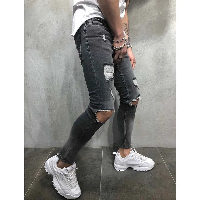 Men Jeans Streetwear Knee Ripped Skinny Hip Hop Fashion Estroyed Hole Pants Solid Color Male Stretch Casual Denim Big Trousers