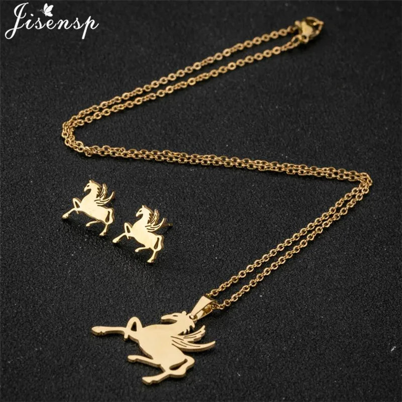 Cute Deer Cat Animal Jewelry Sets for Women Stainless Steel Triangle Star Moon Necklace Pendant Girls Christmas Accessories 2021