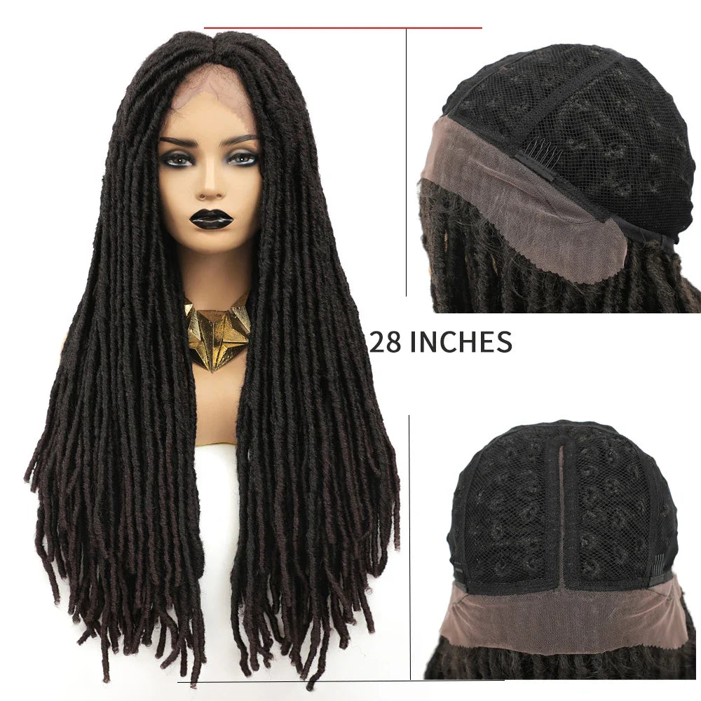 SOKU Braided Wig Middle part Lace Wig With Faux Locs Crochet Braid Hair 26 Inch Long Dreadlock Ombre Brown Synthetic Braids Wigs