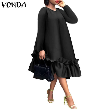 Plus Size Women Dress 2023 VONDA Casual Solid Color Dresses Vintage Sundress Long Sleeve Ruffled Vestido Robe Femme