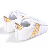 First Walkers Baby Girl Gold Shoes Autumn PU Leather Toddler Boy Sneaker Striped Black Newborn Baby Shoes Outdoor Soft Anti-slip