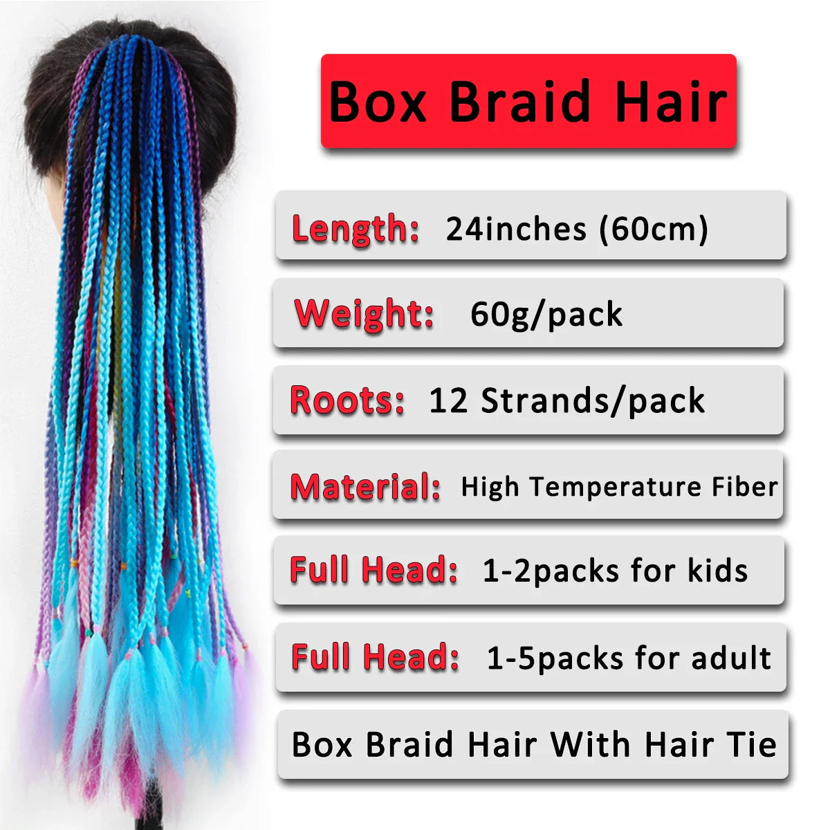 24Inch Synthetic Pontail Tail Hair Ombre Braiding Hair Jumbo Braid Same Color Crochet Hook Braids Hair Extension 2Packs