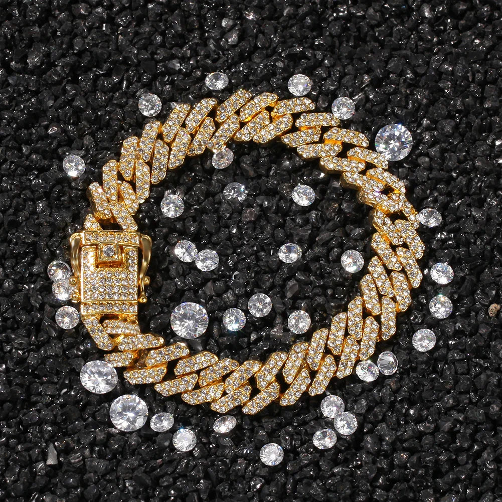 UWIN 12mm Bling S-Link Miami Cuban Bracelets Gold Color Full Iced Rhinestones Hiphop Mens Bracelet Fashion Jewelry