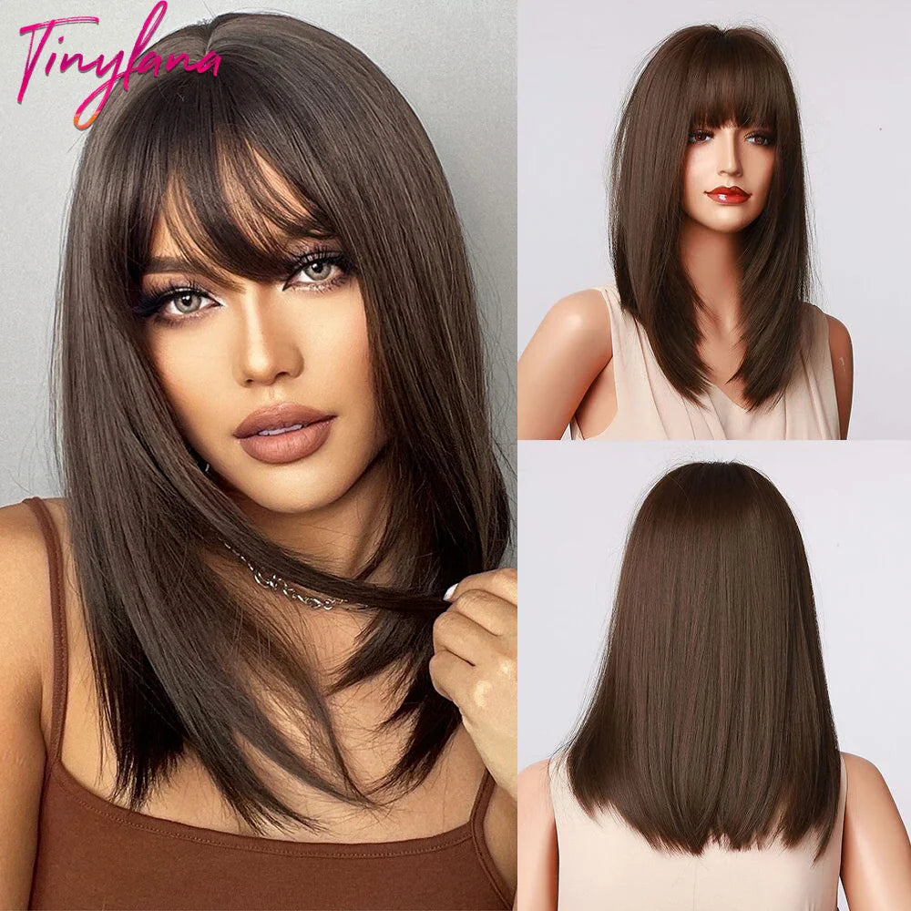 Brown Blonde Short Straight Synthetic Hair Wigs with Bangs for Women Golden Highlight Bob Wigs Cosplay Natural Heat Resistant