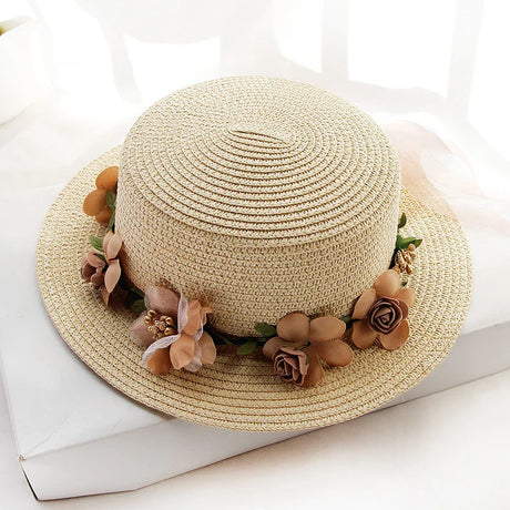 2019 Parent-child Summer New Women's Sun Hat Bucket cap beige lace Bowknot Flowers Ribbon Flat top Straw Hat Beach Caps Panama