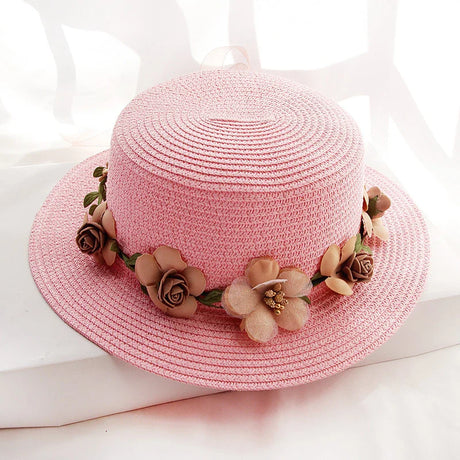 2019 Parent-child Summer New Women's Sun Hat Bucket cap beige lace Bowknot Flowers Ribbon Flat top Straw Hat Beach Caps Panama