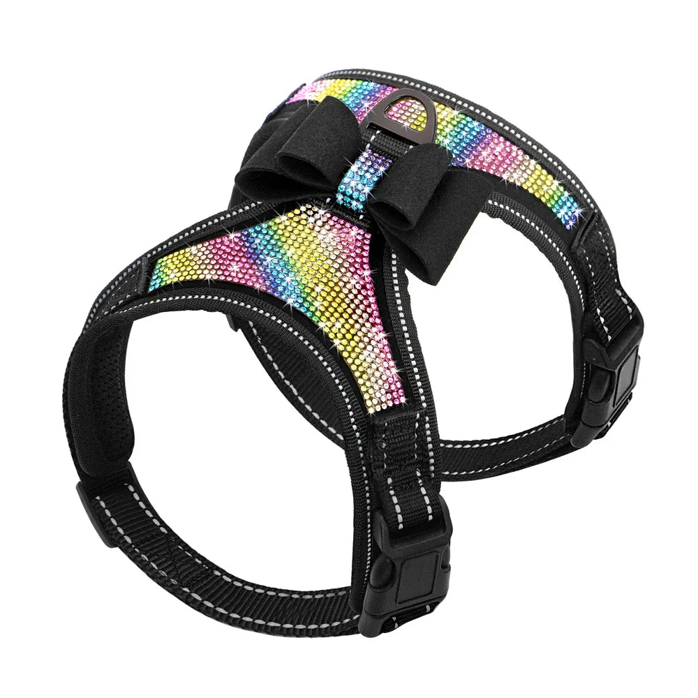 Reflective Dog Harness Nylon Pitbull Pug Small Medium Dogs Harnesses Vest Bling Rhinestone Bowknot Dog Accessories Pet Supplies