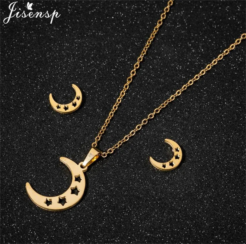 Cute Deer Cat Animal Jewelry Sets for Women Stainless Steel Triangle Star Moon Necklace Pendant Girls Christmas Accessories 2021