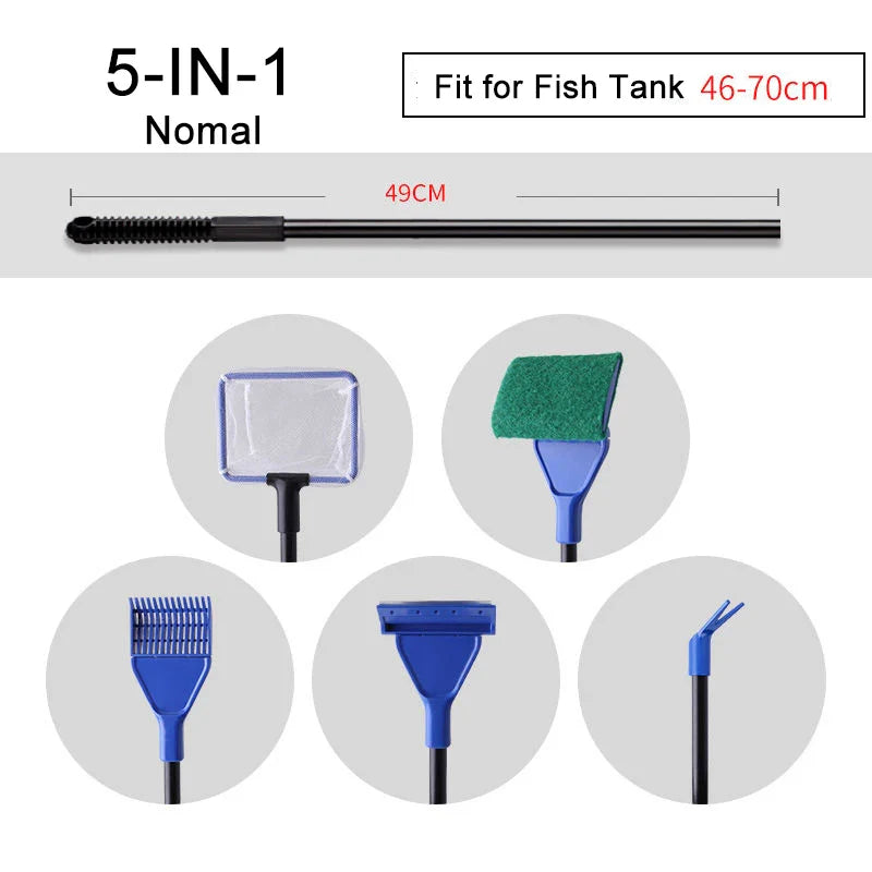 6-IN-1 Aquarium Cleaning Tools Kits Fish Tank Clean Set Fish Net Gravel Rake Algae Scraper Fork Sponge Brush Glass Cleaner