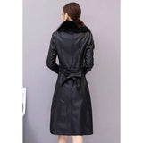 Women's Leather Jacket Winter 2023 New Add Velvet Warm Slim Big Fur Collar Long Leather Coat Female Outerwear With Belt M-4XL