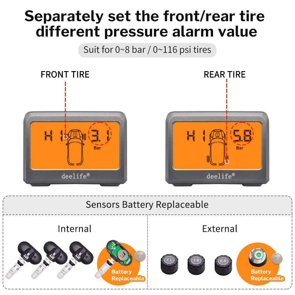 Deelife Car TPMS Solar Tire Pressure Monitoring System For 4 Wheel Alarm Warning With 0-8 Bar Tyre TMPS 4 Sensors