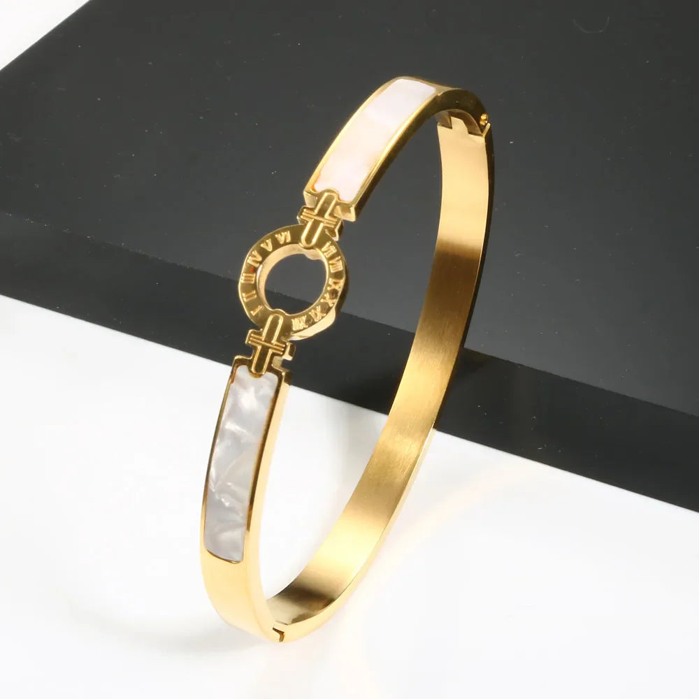 New Fashion White Shell Roman Numeral Bangles & Bracelets Gold Color Women Bangle For Fashion Bracelet Jewelry