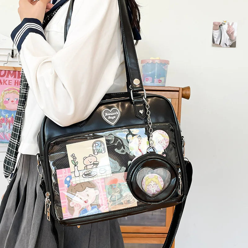 Heart Ita Bag Crossbody with Purse PU Japanese Kawaii Clear Shoulder Bag with Insert Women School Lolita Blue Itabag Tote