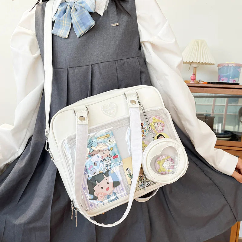 Heart Ita Bag Crossbody with Purse PU Japanese Kawaii Clear Shoulder Bag with Insert Women School Lolita Blue Itabag Tote